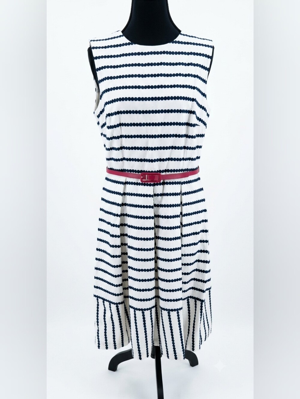 Liz Claiborne Navy and White Striped Sleeveless Midi Dress with Pink Belt